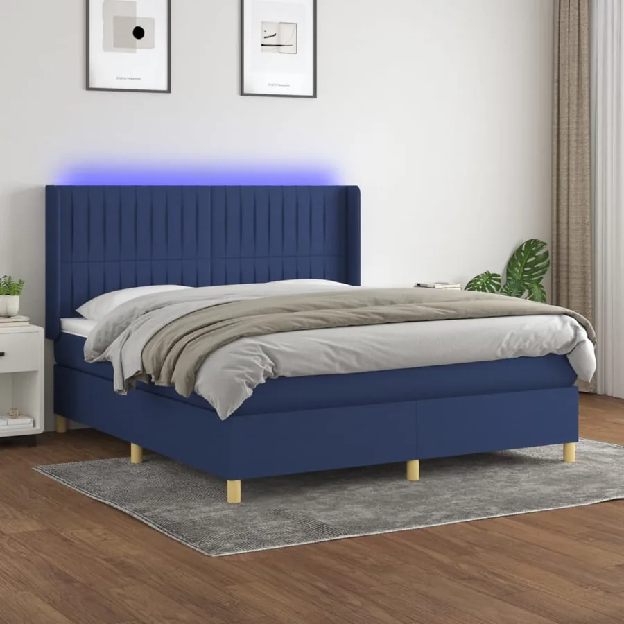 Sommier à lattes de lit matelas et LED Bleu 160x200 cm Tissu