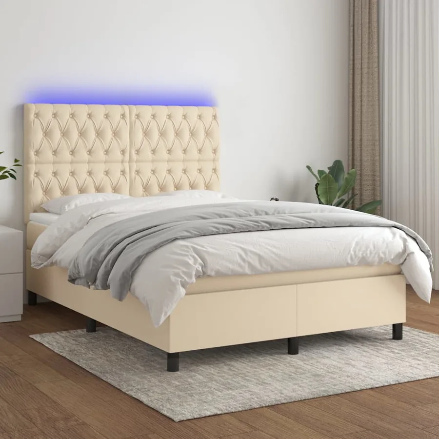 Sommier à lattes de lit et matelas et LED Crème 140x190cm Tissu