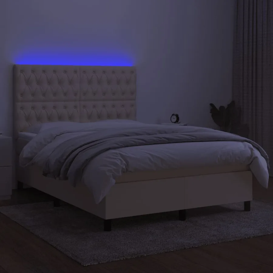 Sommier à lattes de lit et matelas et LED Crème 140x190cm Tissu - 4
