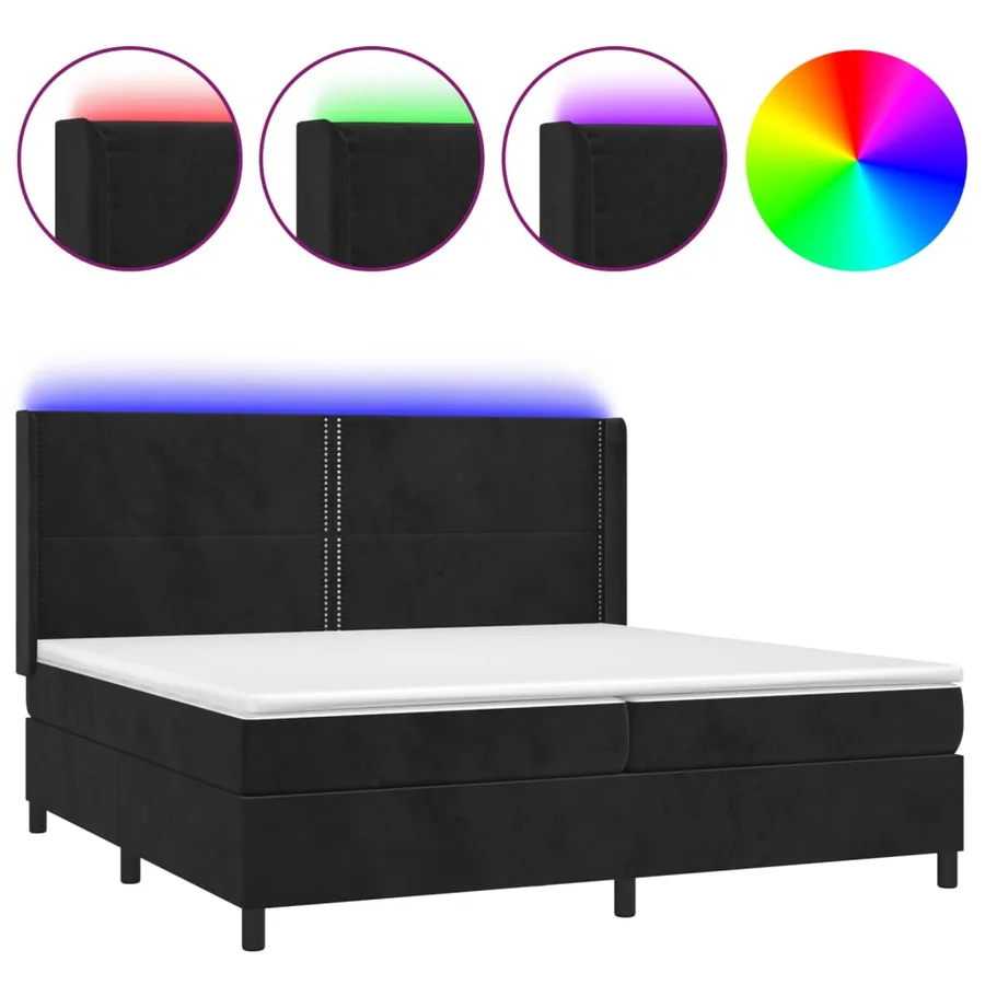 Sommier à lattes de lit matelas et LED Noir 200x200 cm Velours - 2