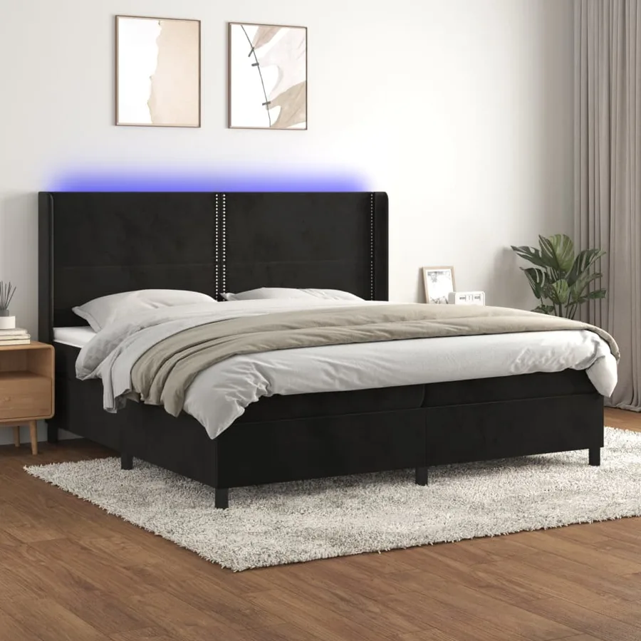 Sommier à lattes de lit matelas et LED Noir 200x200 cm Velours - 3