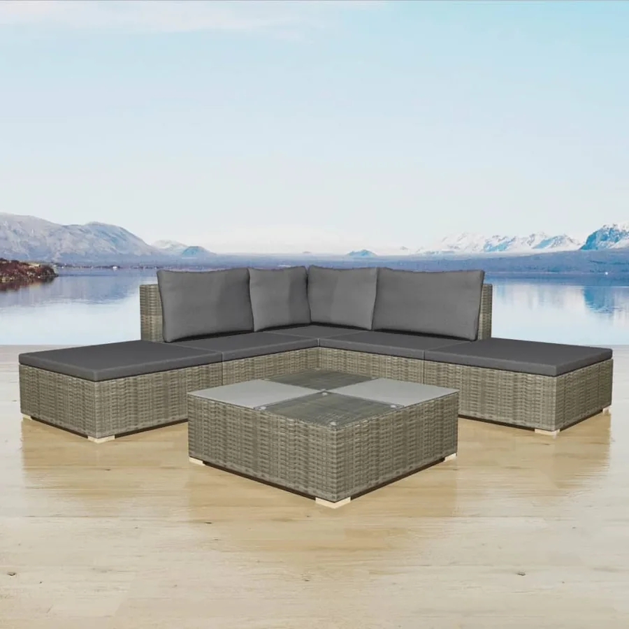 Salon de jardin 6 pcs avec coussins résine tressée gris