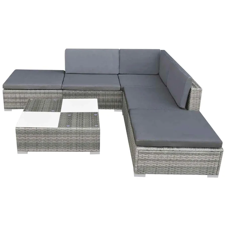 Salon de jardin 6 pcs avec coussins résine tressée gris - 3