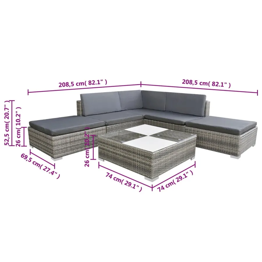 Salon de jardin 6 pcs avec coussins résine tressée gris - 6