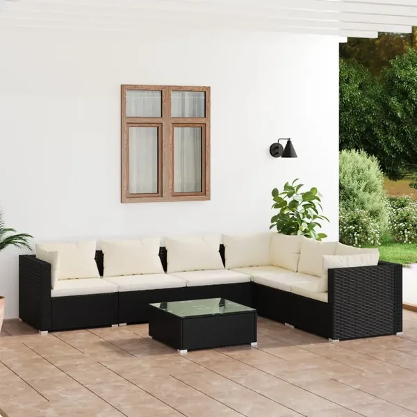 Salon de jardin 7 pcs avec coussins Résine tressée Noir