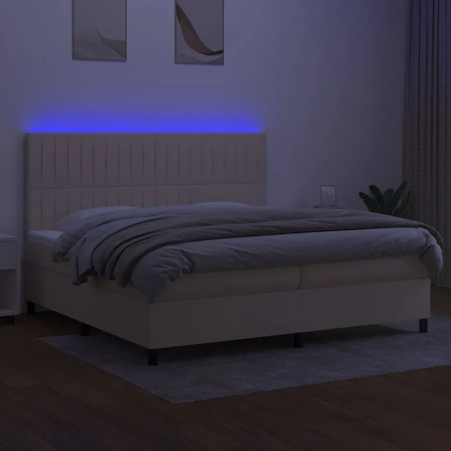 Sommier à lattes de lit et matelas et LED Crème 200x200cm Tissu - 4