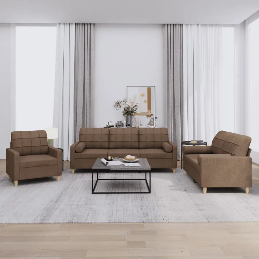 Ensemble de canapés 3 pcs avec coussins marron tissu