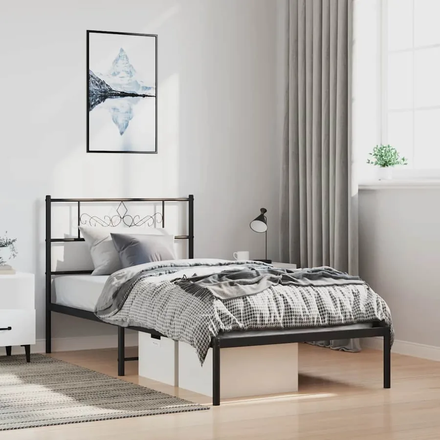 Cadre de lit métal sans matelas avec tête de lit noir 100x190cm
