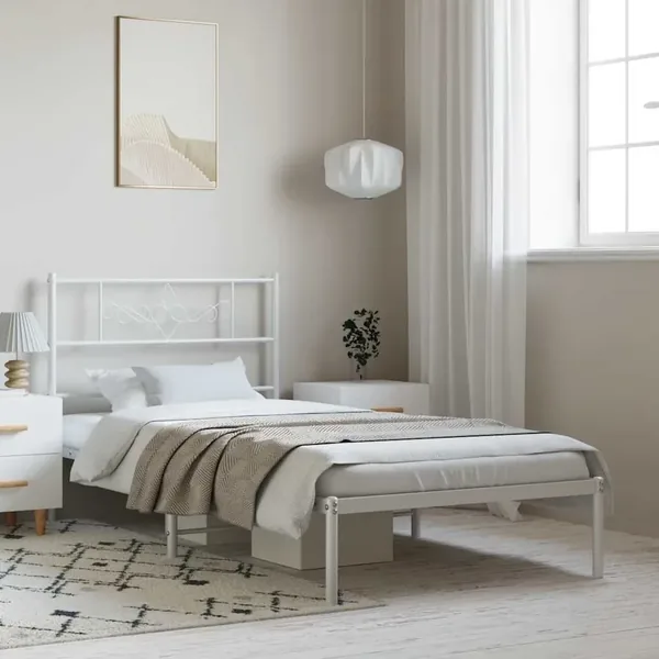Cadre de lit métal sans matelas et tête de lit blanc 100x200 cm