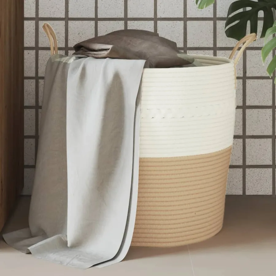 Panier de rangement beige et blanc Ø43x38 cm coton