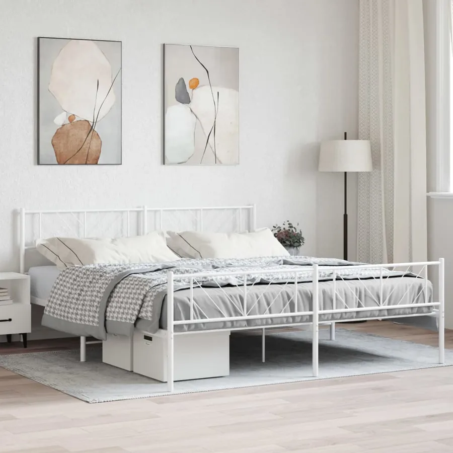 Cadre de lit métal sans matelas et pied de lit blanc 180x200 cm