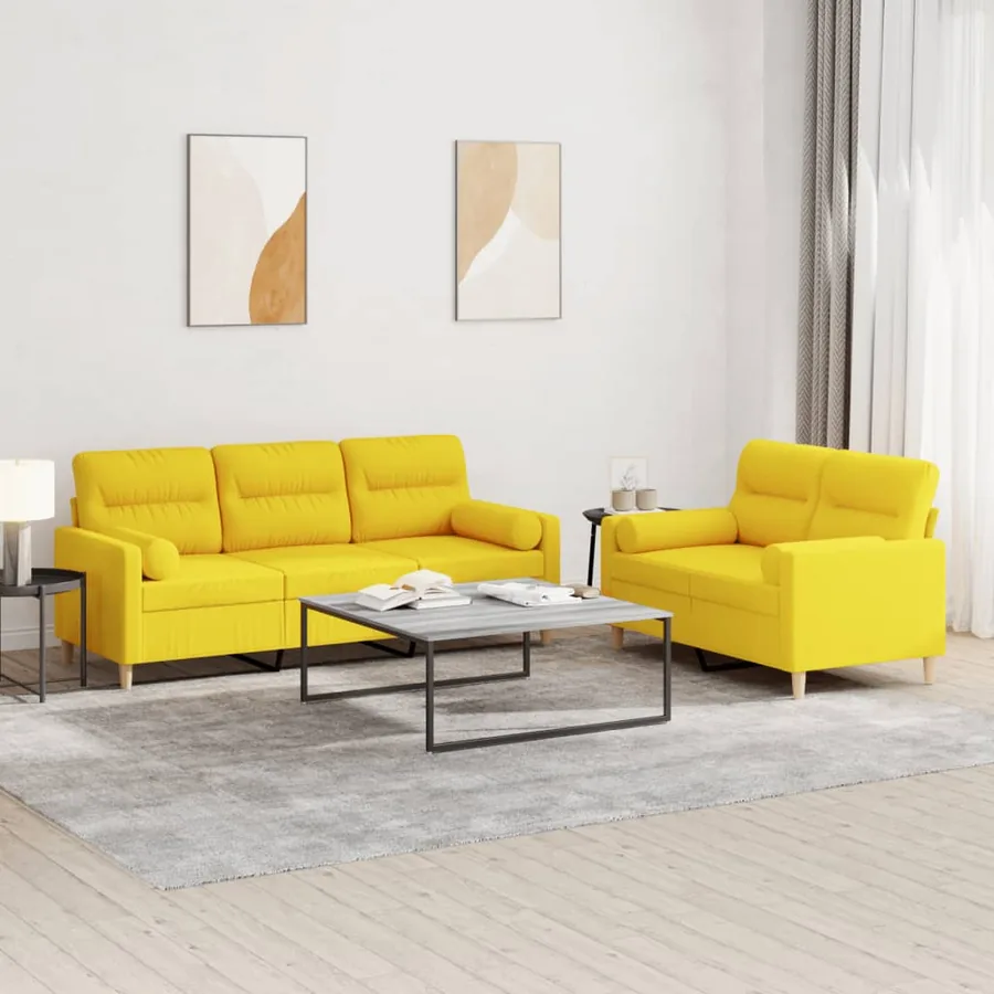Ensemble de canapés 2 pcs avec coussins jaune clair tissu