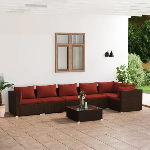 Salon de jardin 7 pcs avec coussins Résine tressée Marron