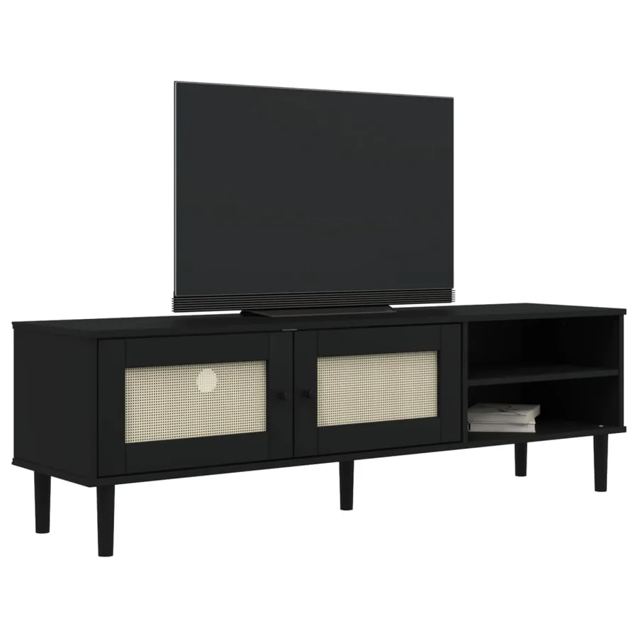 Meuble TV SENJA aspect rotin noir 158x40x49cm bois massif pin - 3