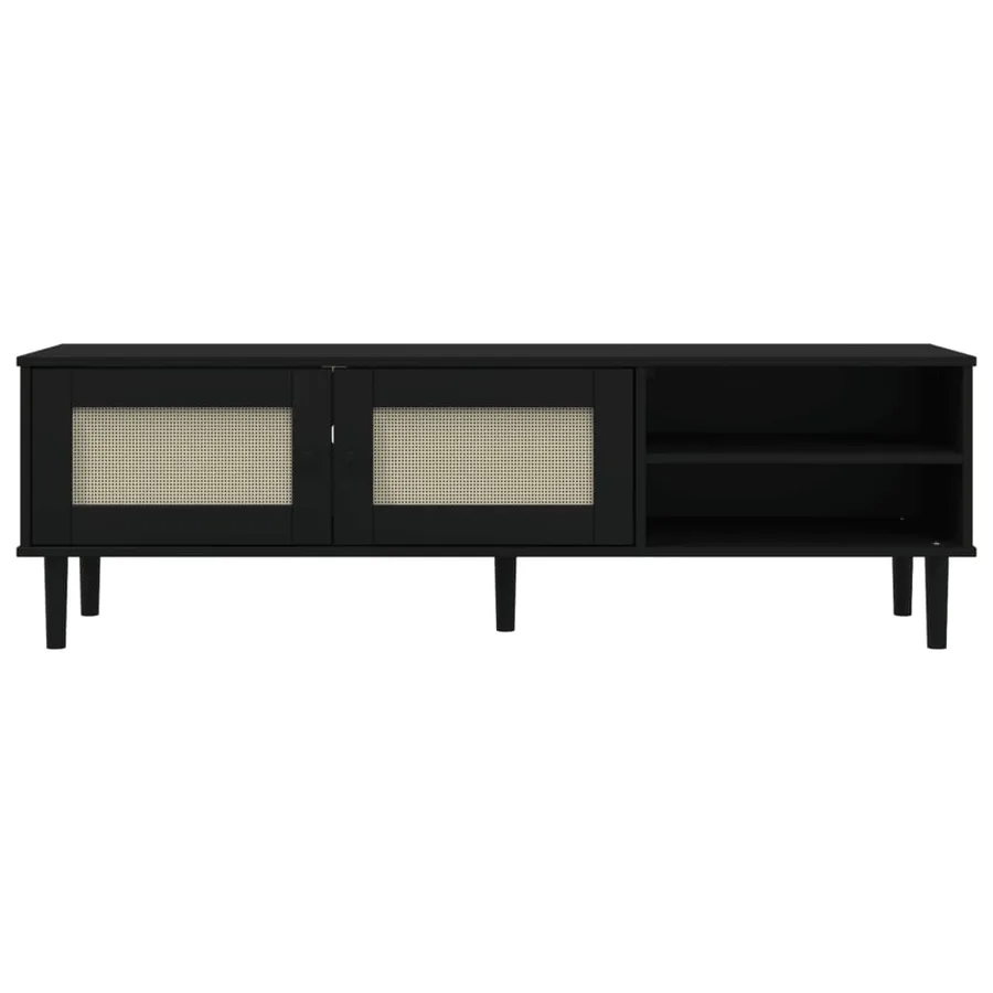 Meuble TV SENJA aspect rotin noir 158x40x49cm bois massif pin - 5