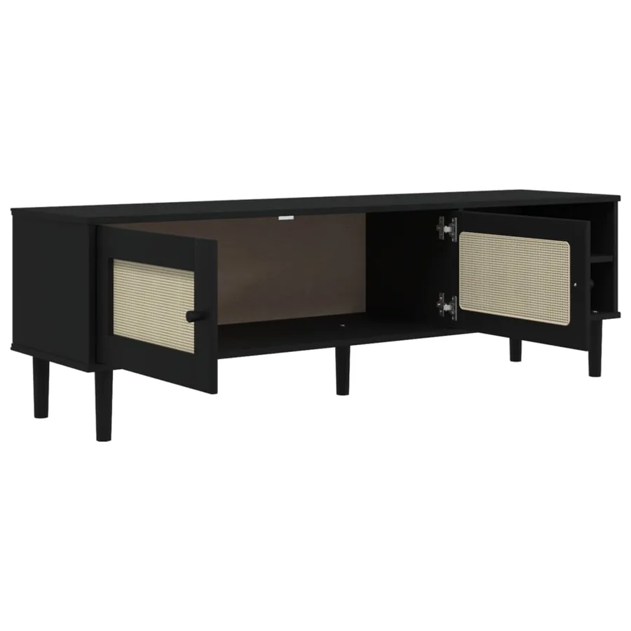 Meuble TV SENJA aspect rotin noir 158x40x49cm bois massif pin - 6