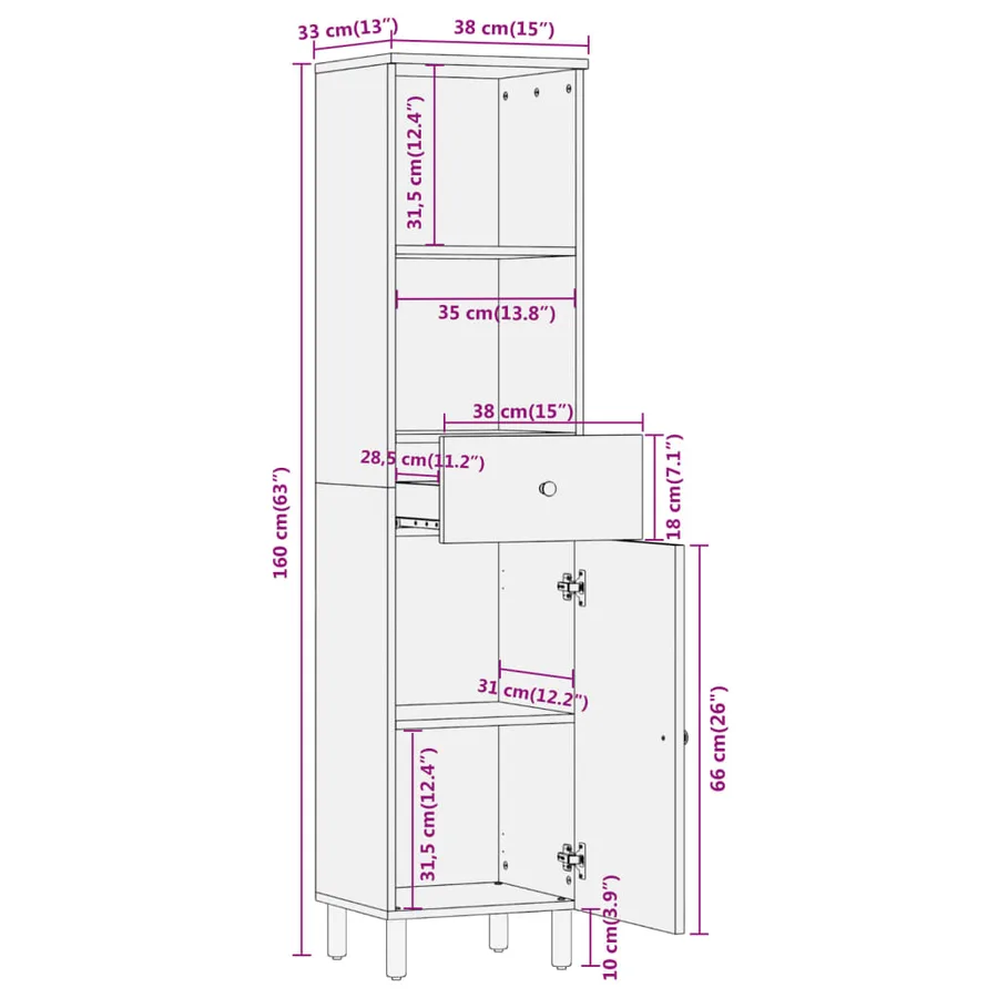 Armoire de salle de bain 38x33x160 cm bois massif de manguier - 11