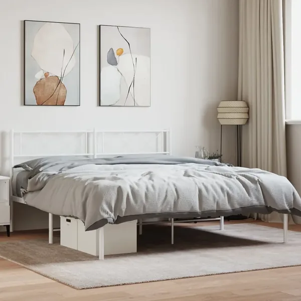Cadre de lit métal sans matelas et tête de lit blanc 160x200 cm
