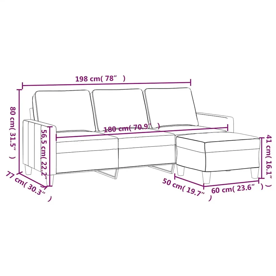Canapé à 3 places avec repose-pieds Noir 180 cm Tissu - 7