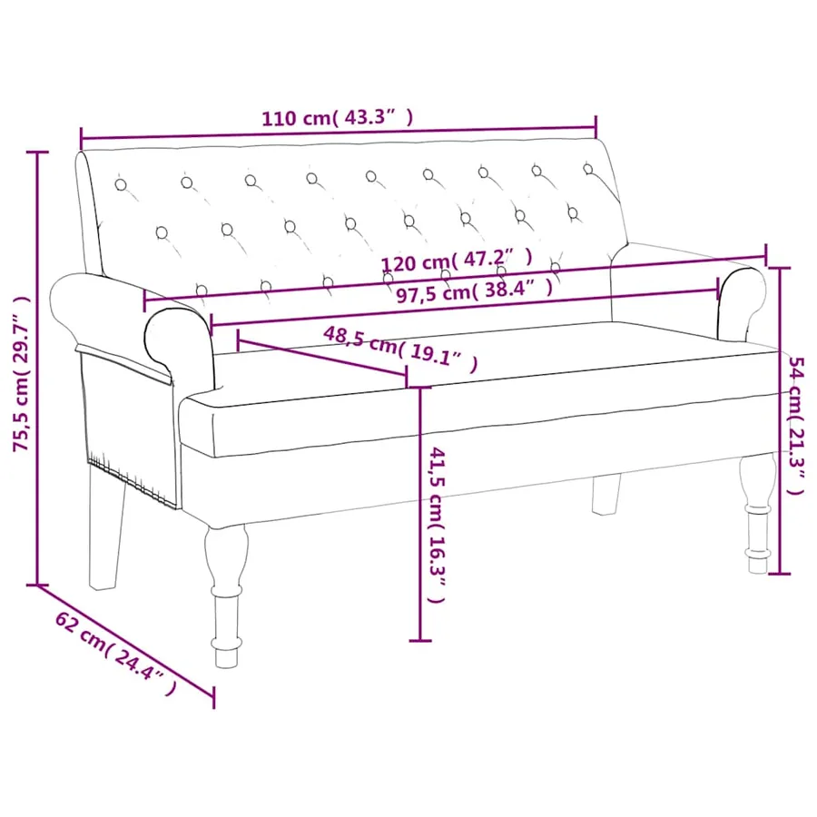Banc avec dossier marron foncé 120x62x75,5 cm tissu - 8