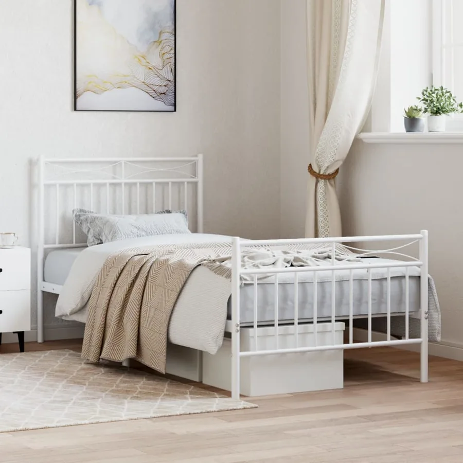 Cadre de lit métal sans matelas avec pied de lit blanc 90x200cm