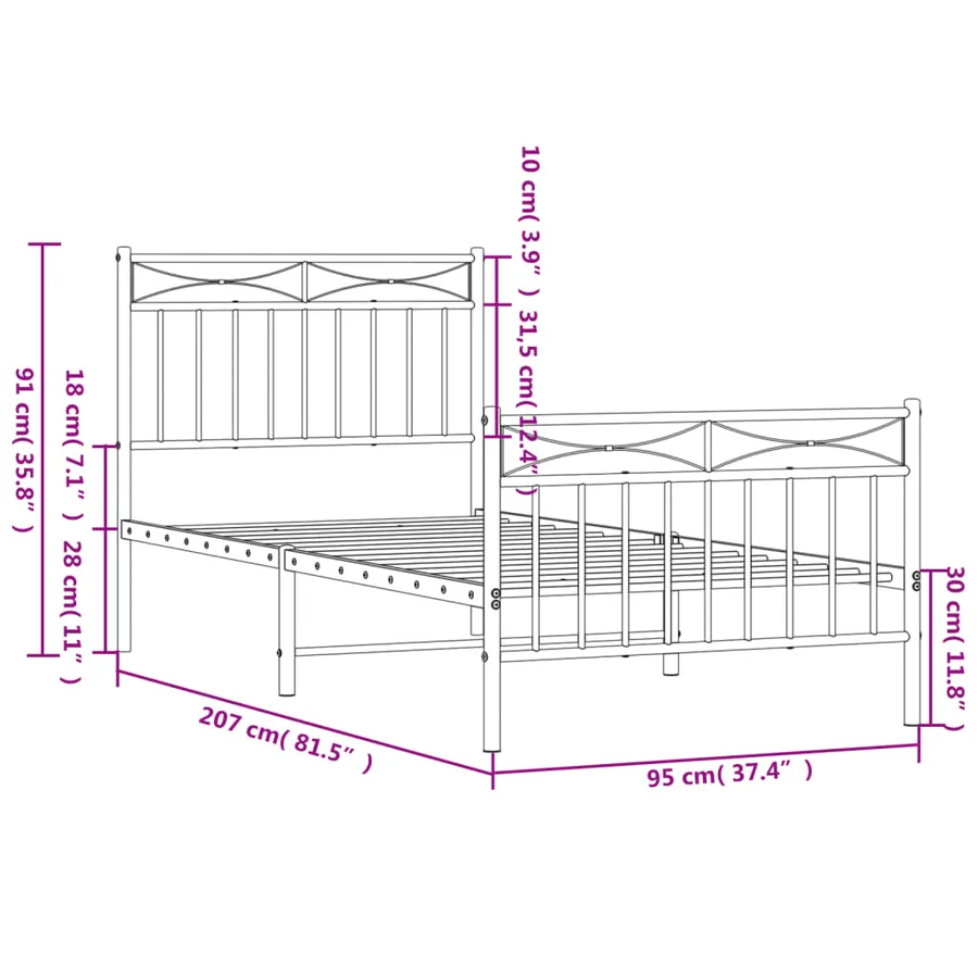 Cadre de lit métal sans matelas avec pied de lit blanc 90x200cm - 9