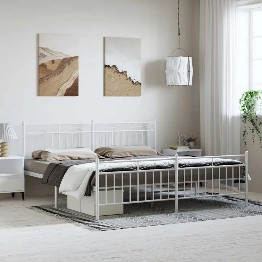Cadre de lit métal sans matelas et pied de lit blanc 193x203 cm
