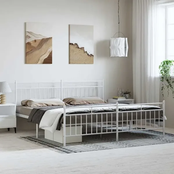 Cadre de lit métal sans matelas et pied de lit blanc 193x203 cm