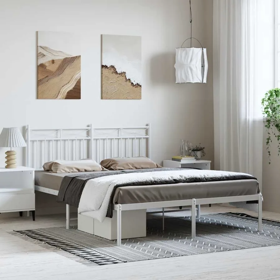 Cadre de lit métal sans matelas et tête de lit blanc 135x190 cm