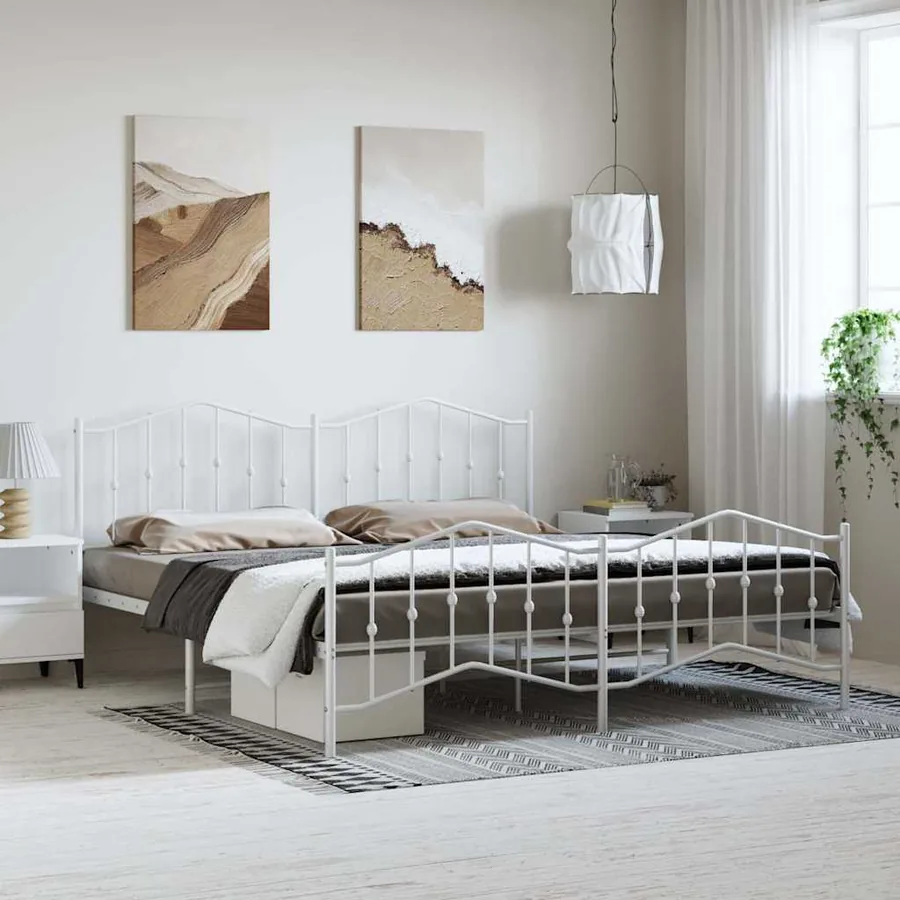 Cadre de lit métal sans matelas et pied de lit blanc 193x203 cm