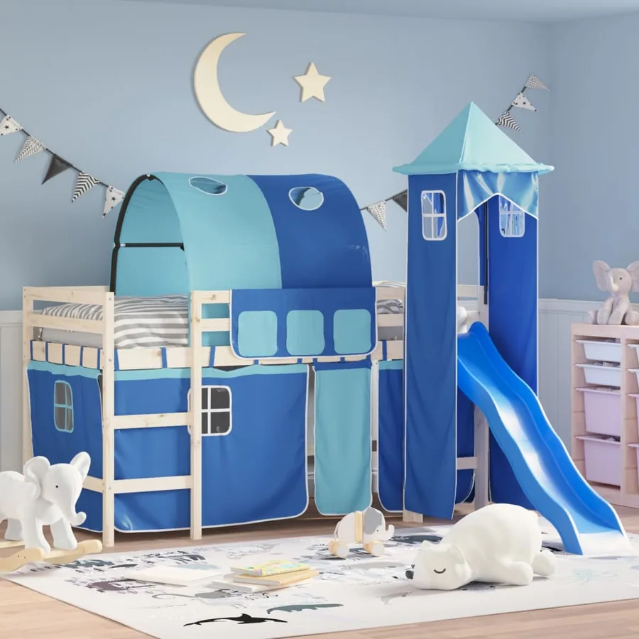 Rideaux pour lit mezzanine avec tunnel et tour bleu