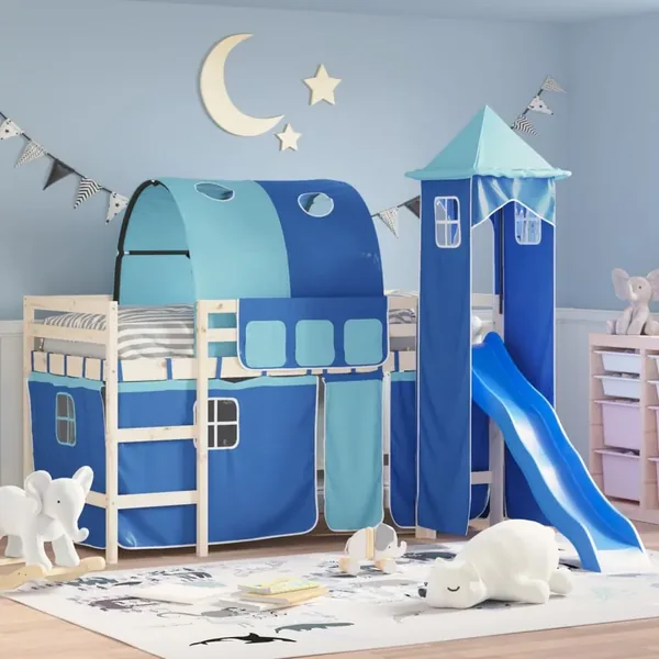 Rideaux pour lit mezzanine avec tunnel et tour bleu