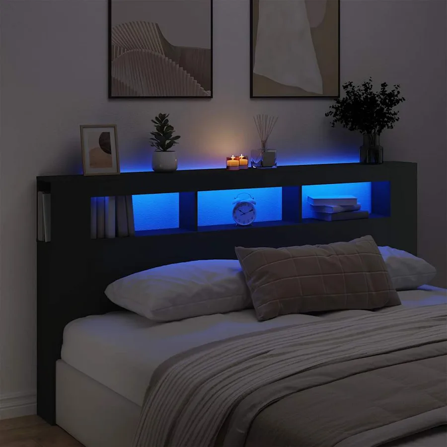 Tête de lit à LED noir 200x18,5x103,5 cm bois d'ingénierie - 4