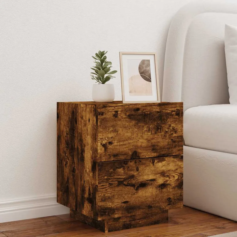 Armoire de chevet et lumières LED chêne fumé bois d'ingénierie - 4