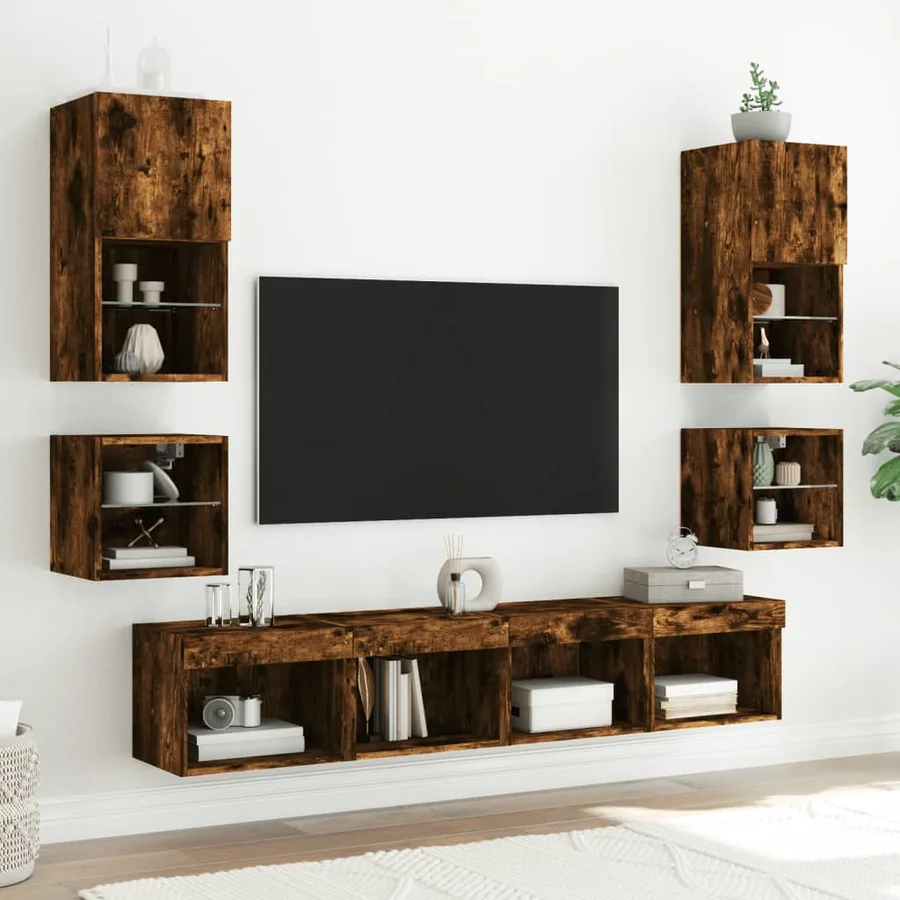 Meubles TV muraux et lumières LED 2pcs chêne fumé 30x28,5x30 cm - 5