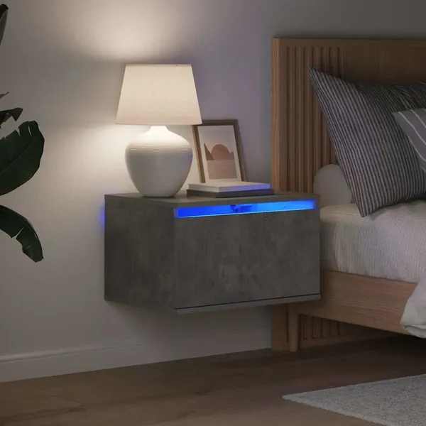 Table de chevet murale avec lumières LED gris béton