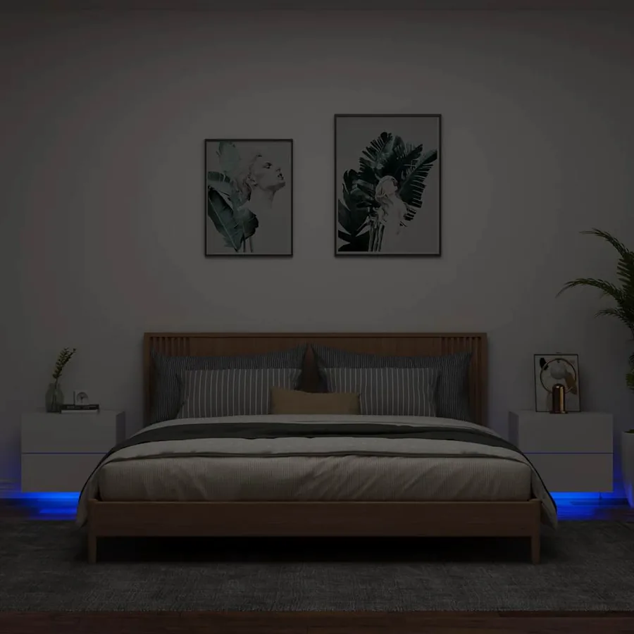 Tables de chevet murales avec lumières LED 2 pcs blanc