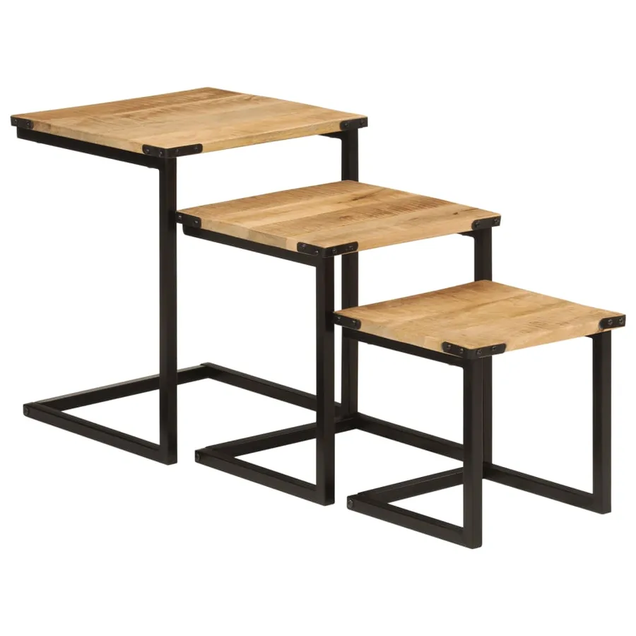Tables basses gigognes 3 pcs bois massif de manguier et fer - 11