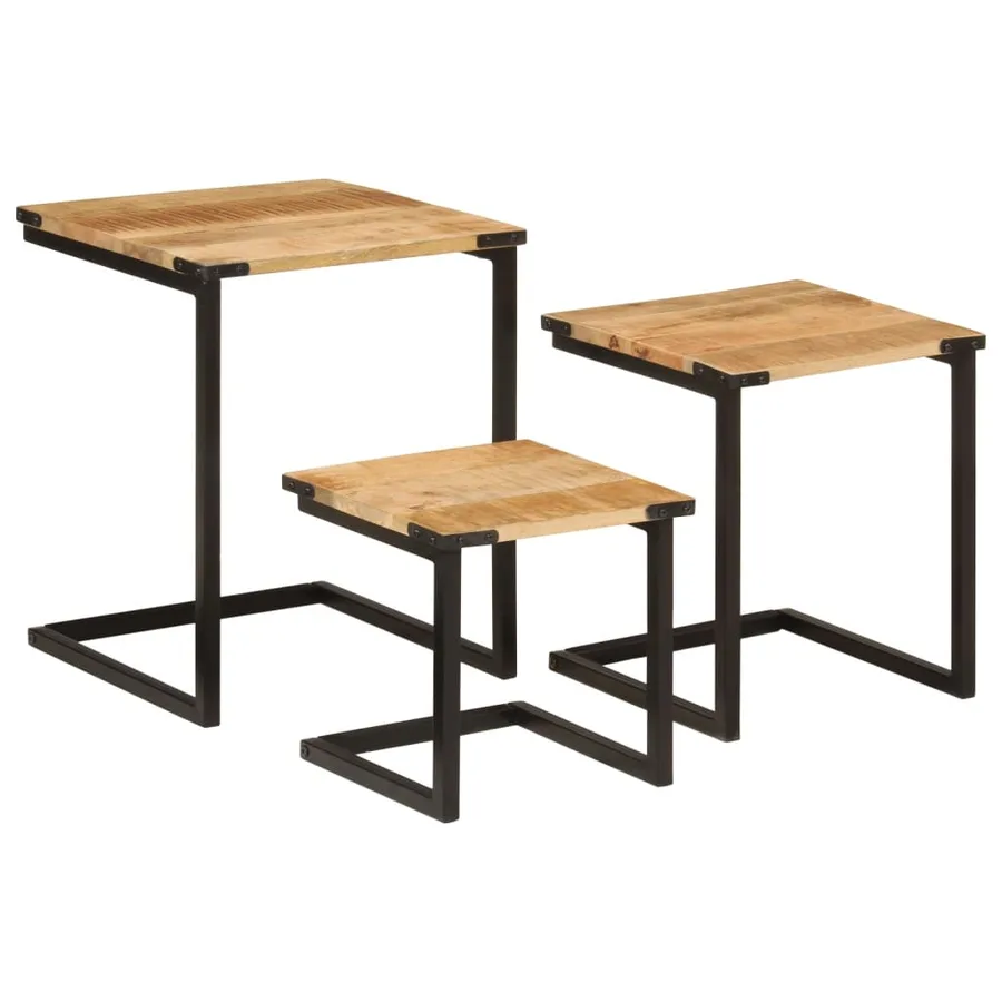 Tables basses gigognes 3 pcs bois massif de manguier et fer - 2