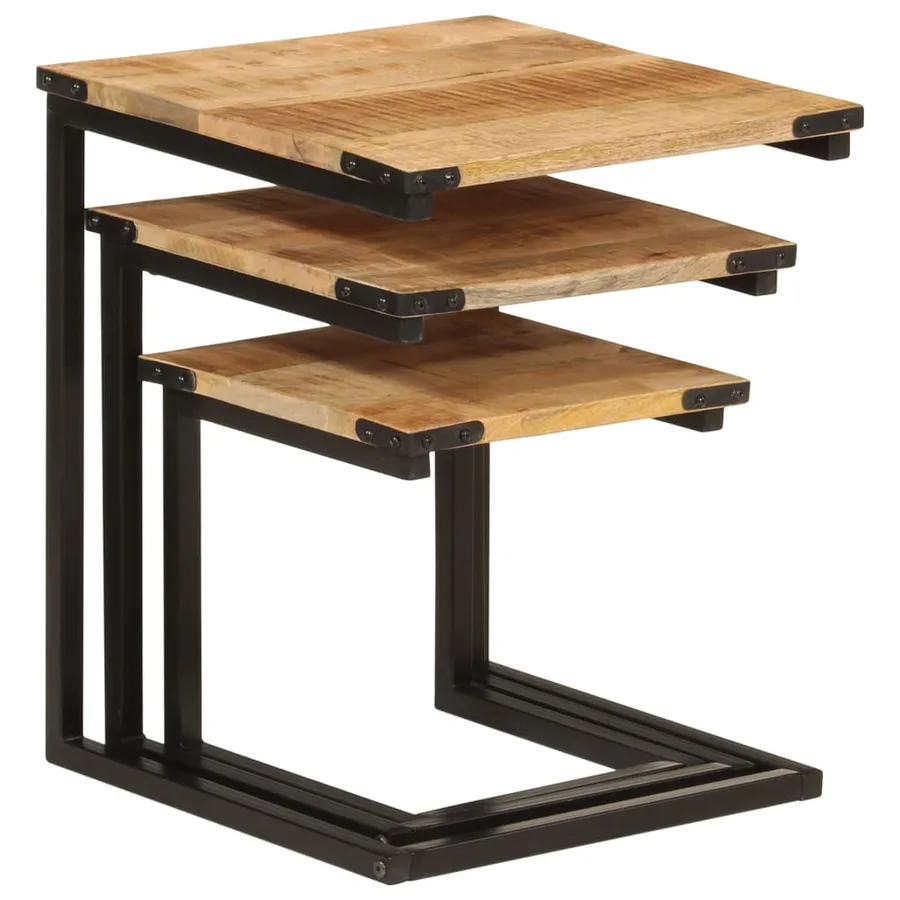 Tables basses gigognes 3 pcs bois massif de manguier et fer - 3