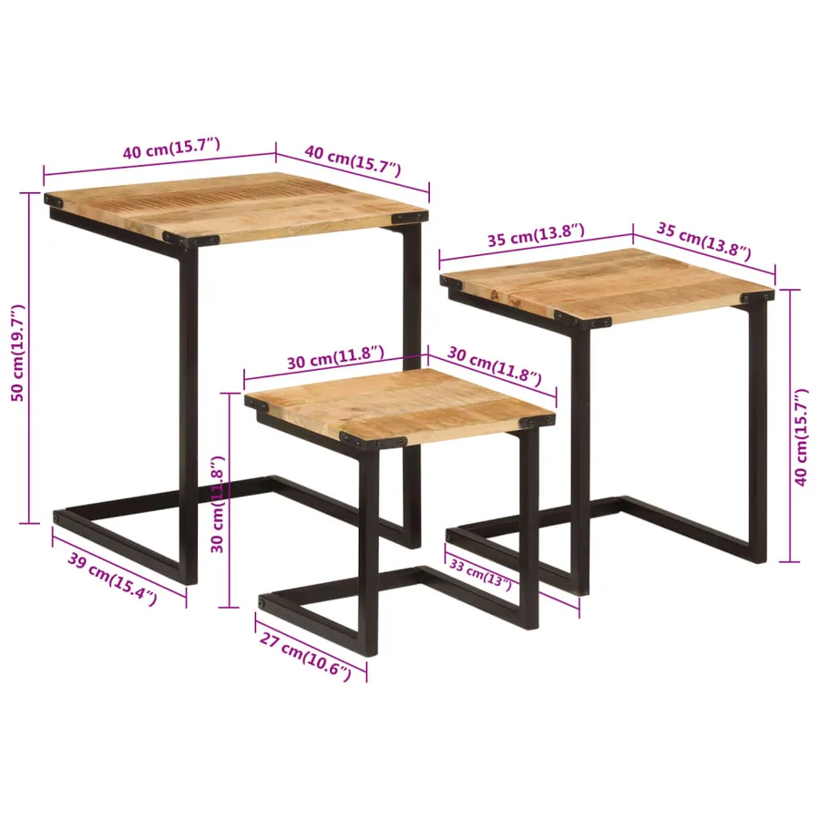 Tables basses gigognes 3 pcs bois massif de manguier et fer - 9
