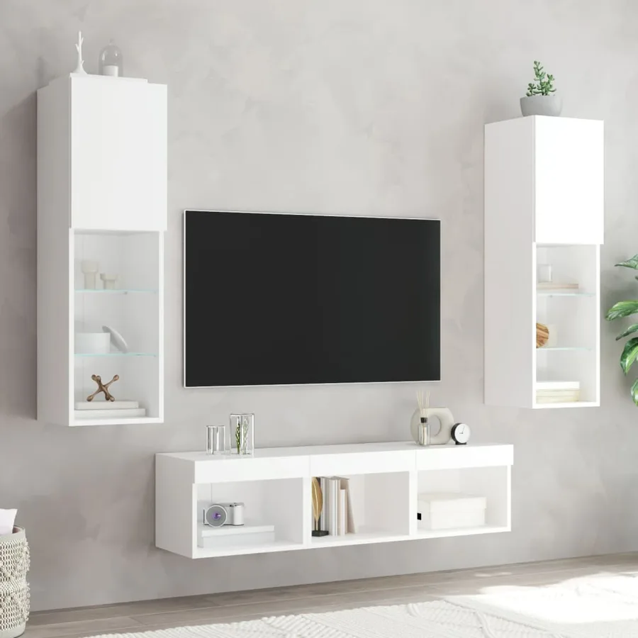 Unités murales TV avec LED 5 pcs blanc bois d'ingénierie - 3