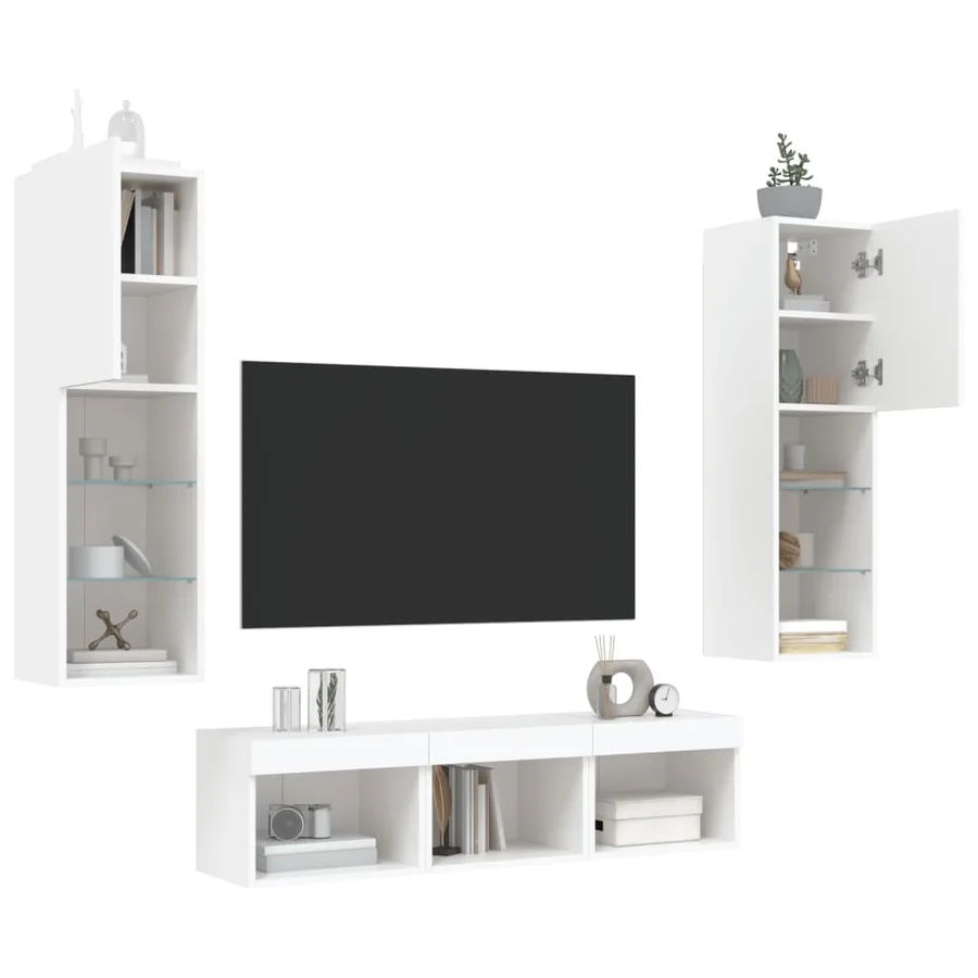 Unités murales TV avec LED 5 pcs blanc bois d'ingénierie - 4