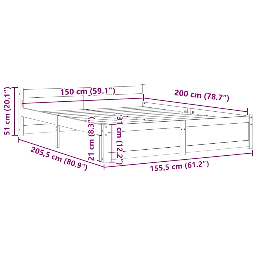 Cadre de lit sans matelas bois massif 150x200 cm - 9