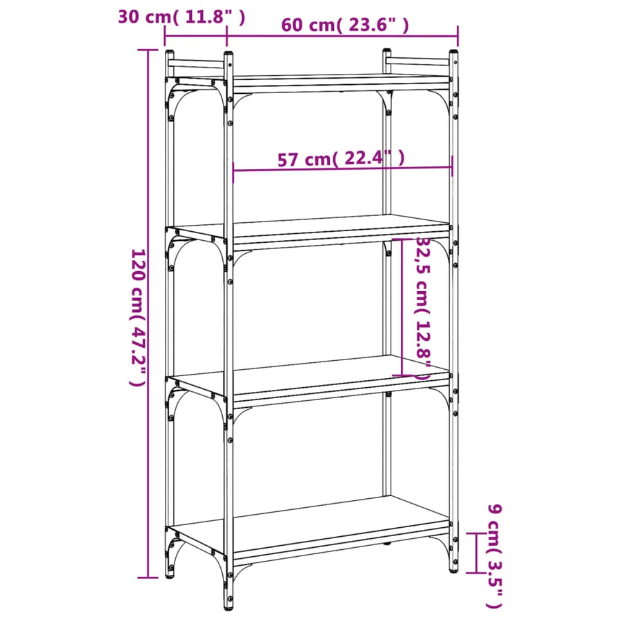 Bibliothèque 4 niveaux chêne fumé 60x30x120cm bois d'ingénierie - 9