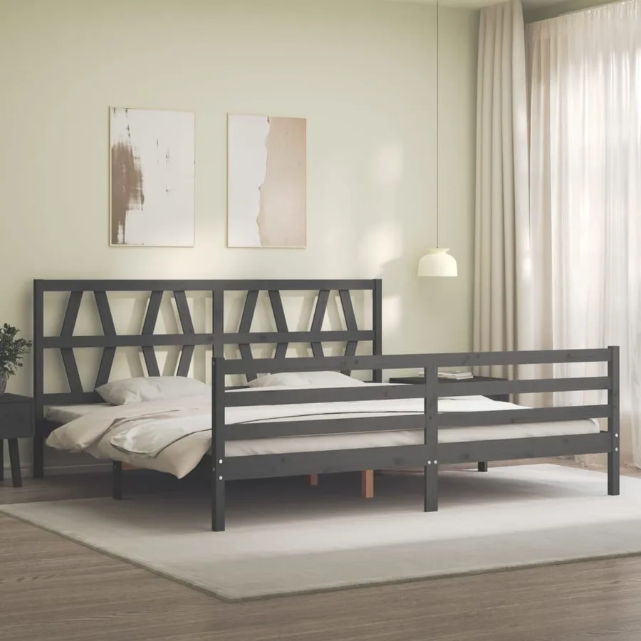 Cadre de lit sans matelas gris 200x200 cm bois massif - 3