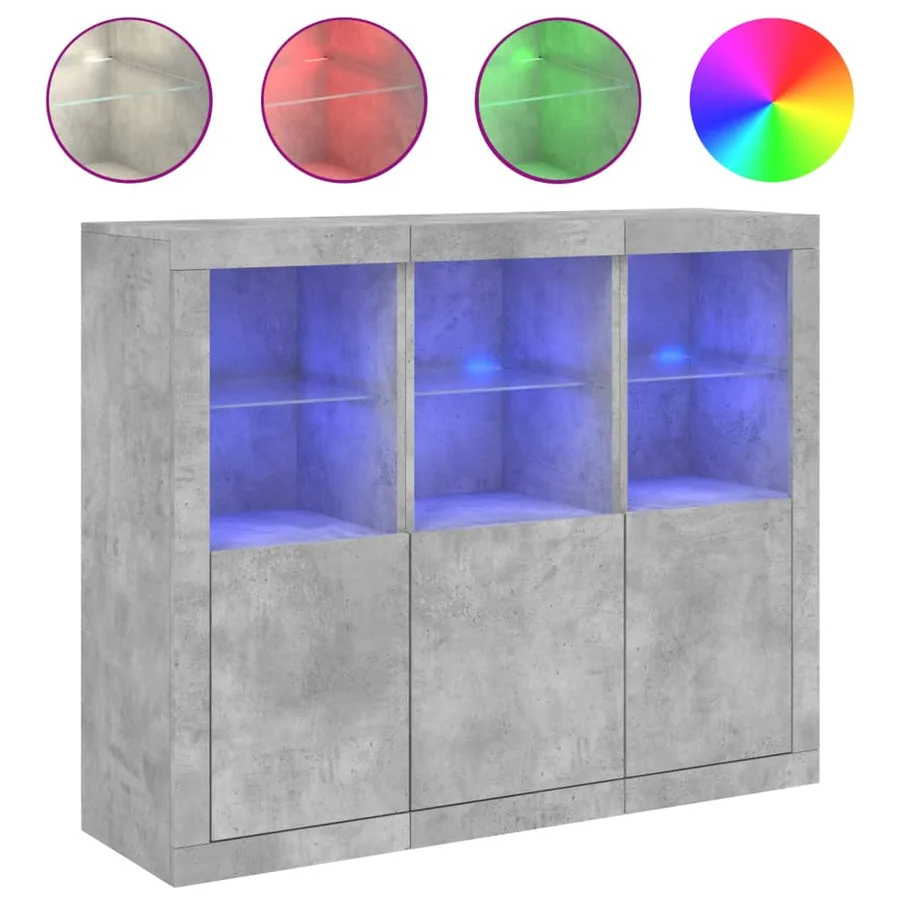 Buffets avec lumières LED 3 pcs gris béton bois d'ingénierie - 2