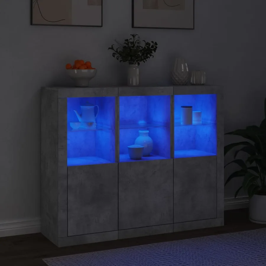 Buffets avec lumières LED 3 pcs gris béton bois d'ingénierie - 3