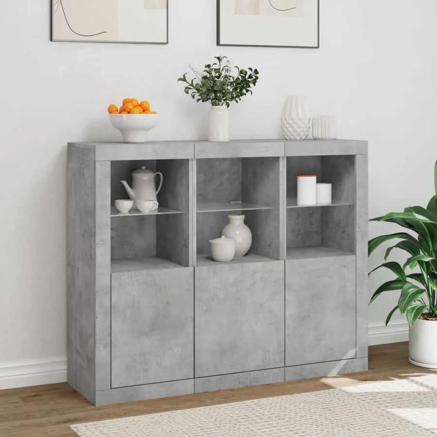 Buffets avec lumières LED 3 pcs gris béton bois d'ingénierie - 4