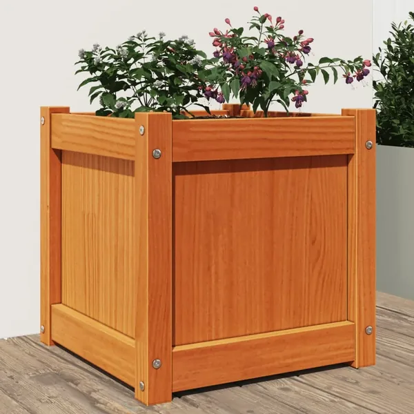 Jardinière cire marron 40x40x40 cm bois de pin massif